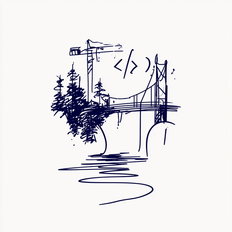 Ink sketch: a suspension bridge under a crane, with a code tag above it