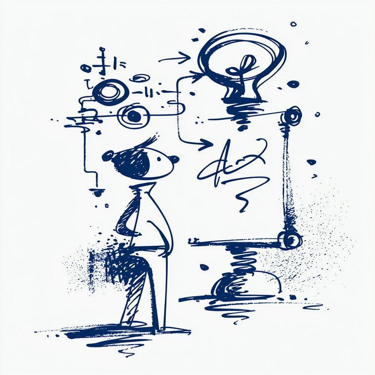 Ink sketch: a figure studying diagrams that resolve into a lightbulb