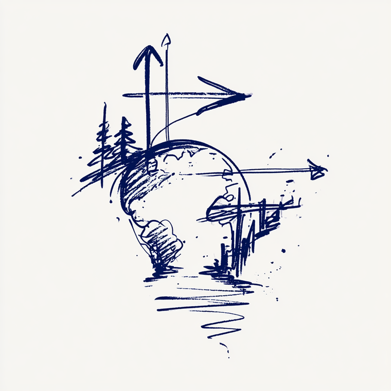 Ink sketch: arrows looping outward around a globe
