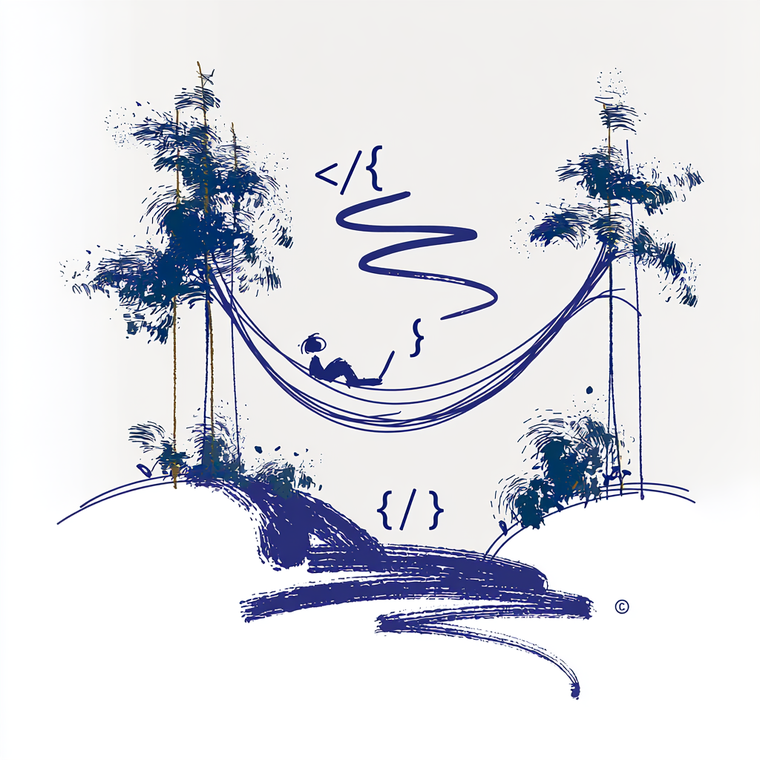 Ink sketch: a figure coding in a hammock slung between two trees